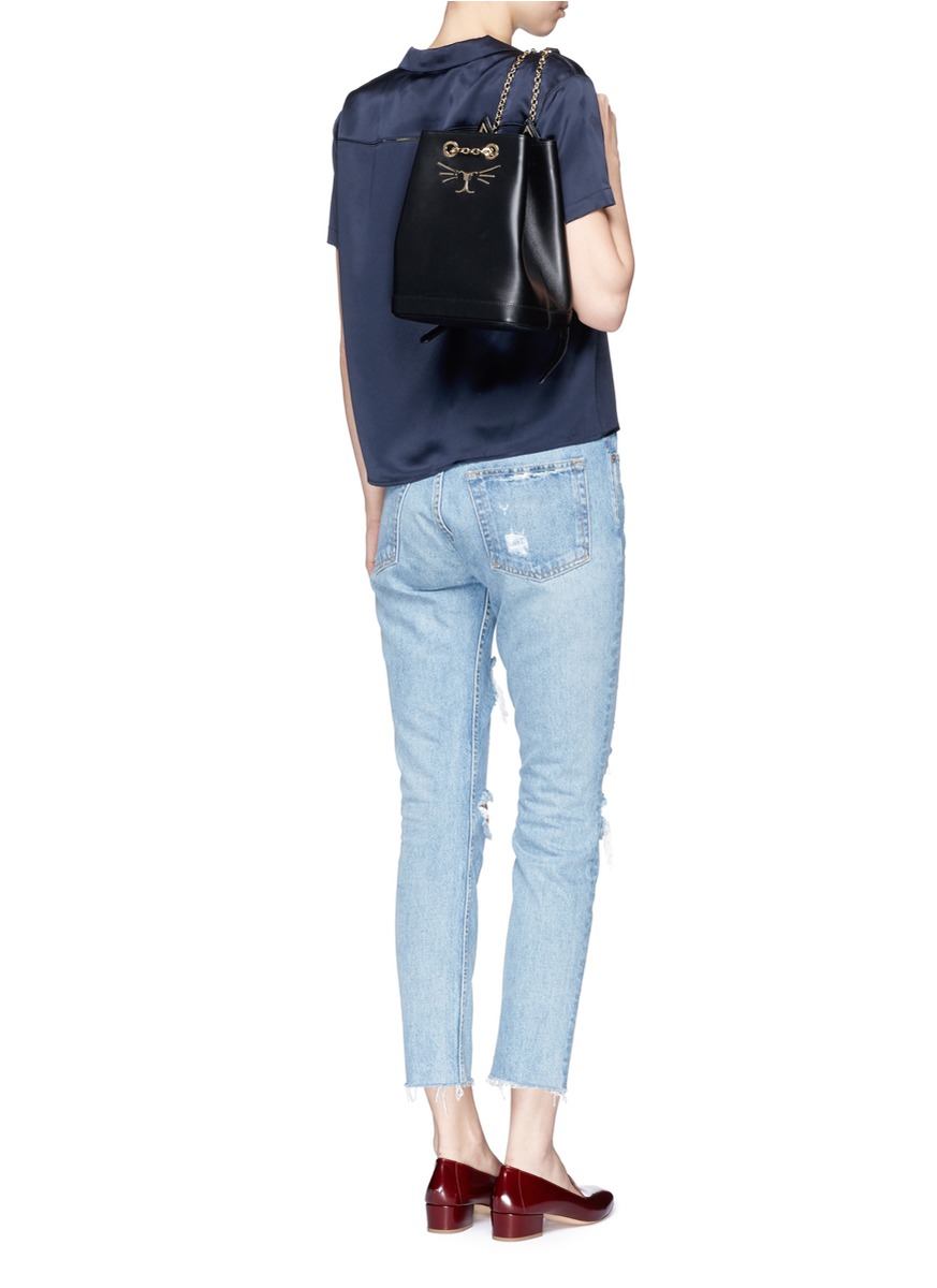 CHARLOTTE OLYMPIA 'Feline' Cat Face Chain Calfskin Leather Backpack in