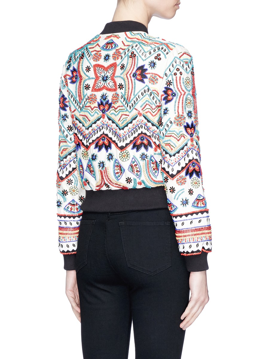 ALICE AND OLIVIA Lonnie Embroidered Cropped Silk Bomber Jacket, Multi | ModeSens
