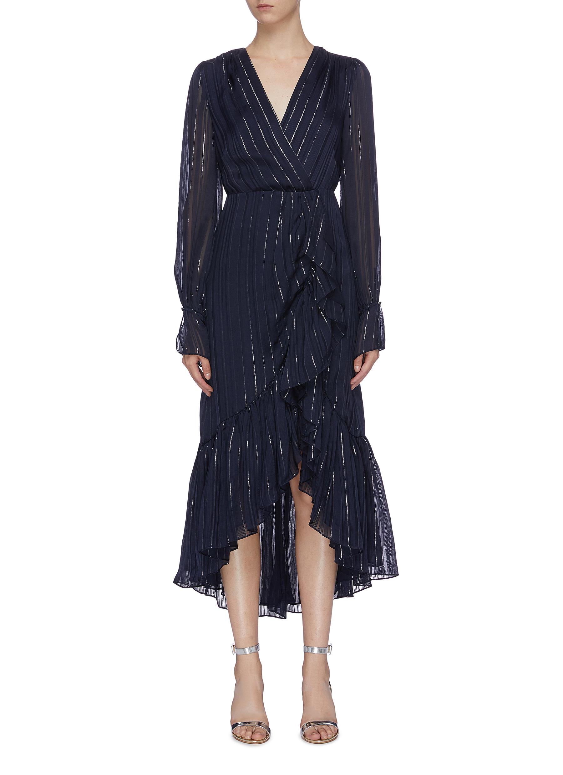 Ruffle Metallic Stripe Chiffon Mock Wrap Dress By Jonathan Simkhai