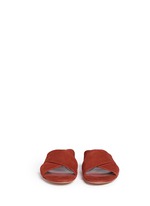 Front View -Click To Enlarge Cross vamp suede flat sandals