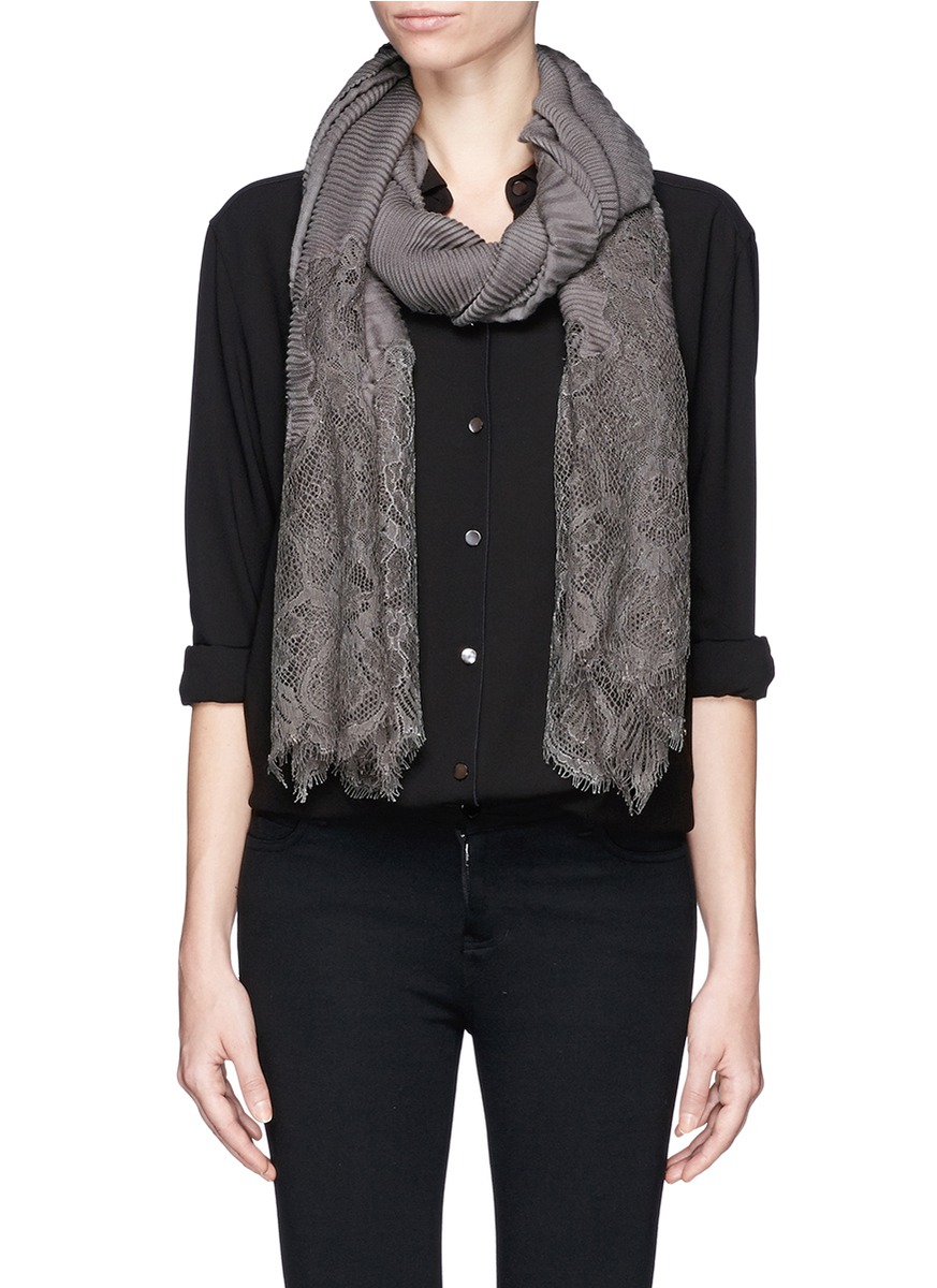VALENTINO - Lace trim crinkle cashmere scarf - on SALE | Grey Cashmere/Wool Scarves & Wraps ...
