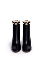 Front View -Click To Enlarge Faux pearl scalloped cuff leather boots