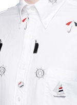 Detail View -Click To Enlarge Travel icon embroidery hopsack shirt
