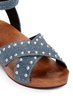 Detail View -Click To Enlarge Stud denim wooden clog sandals