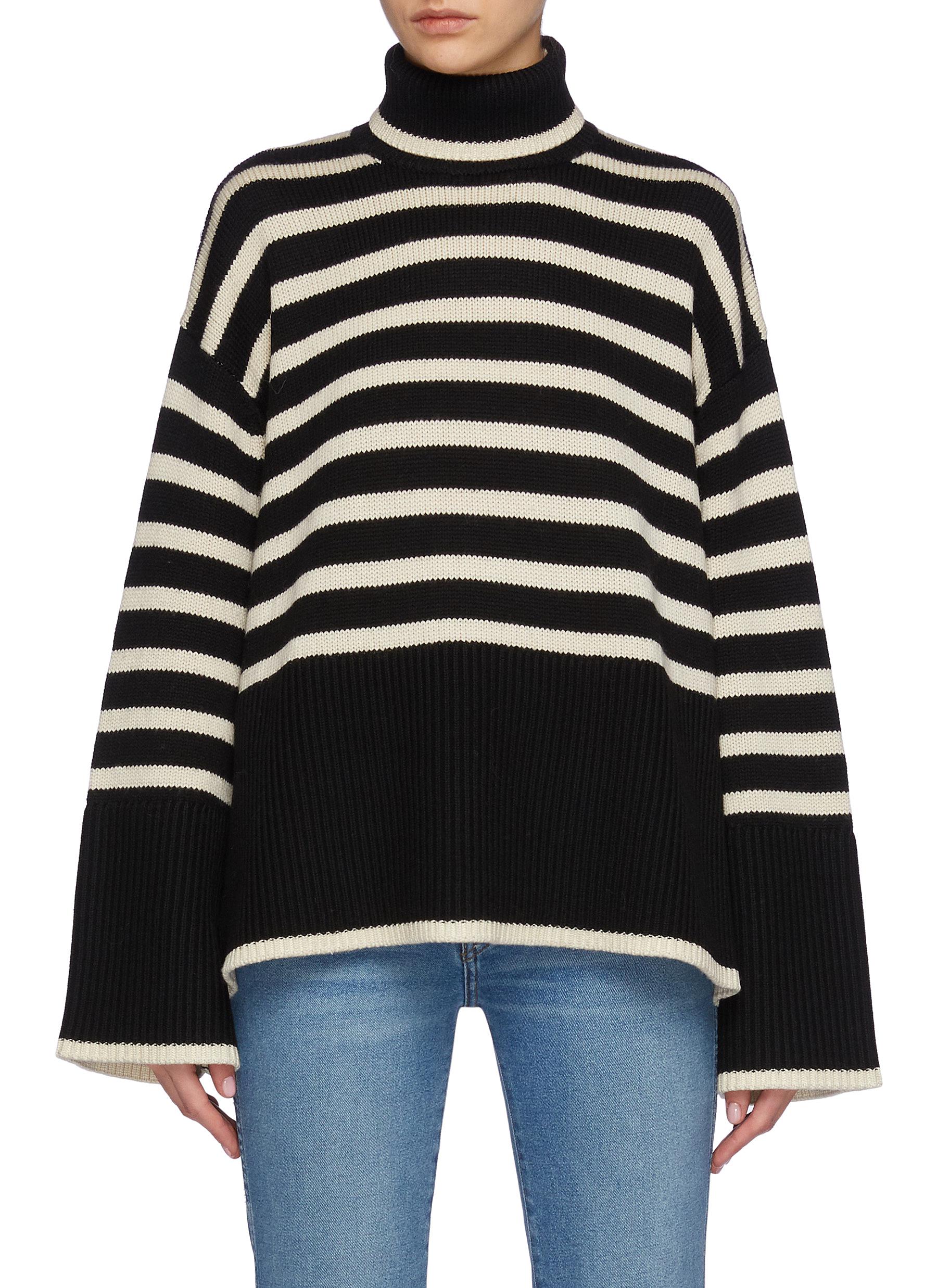 Striped Turtleneck Wool Cotton Blend Sweater
