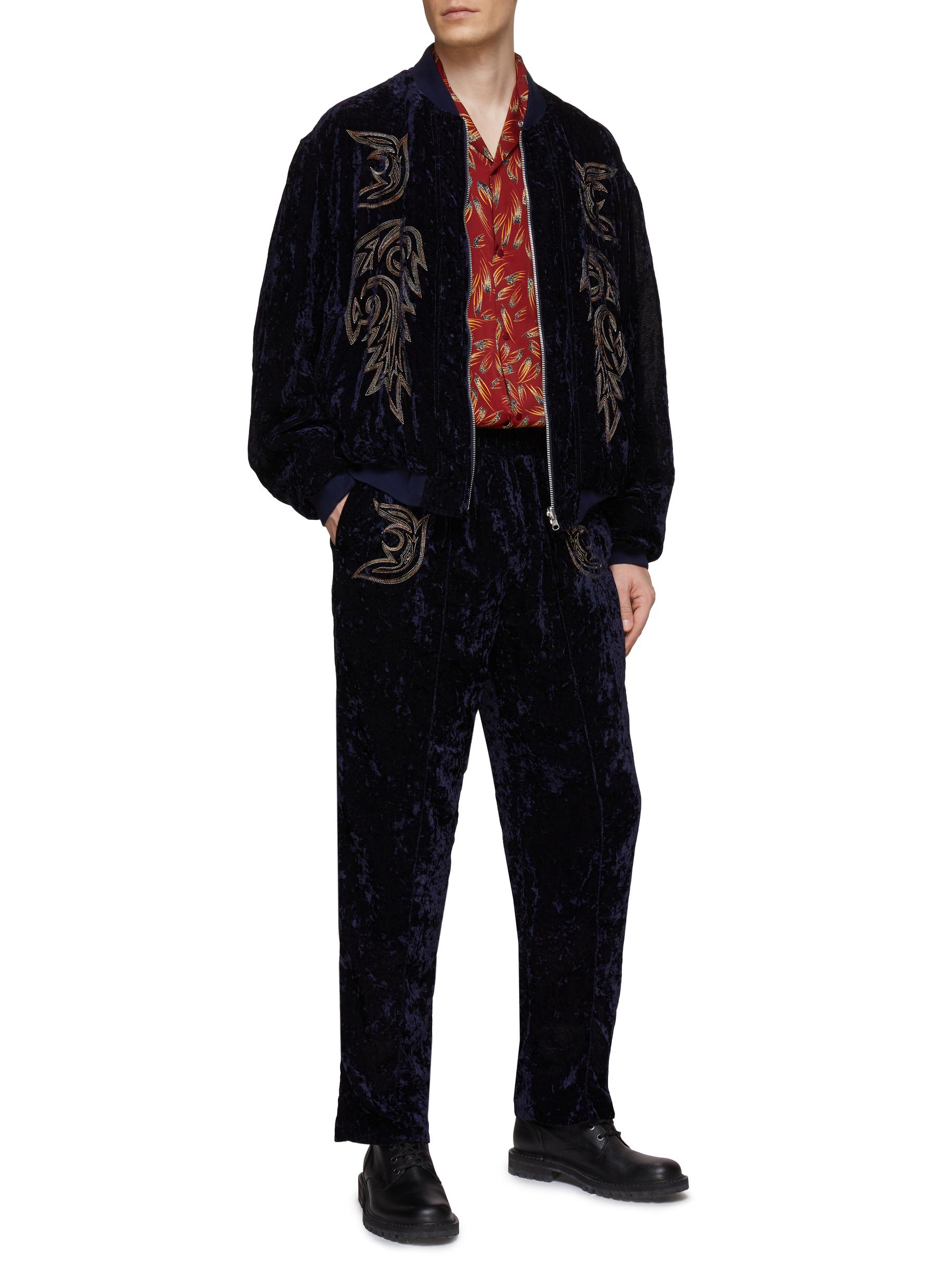 MID RISE ELASTICATED WAISTBAND EMBROIDERED VELVET PANTS