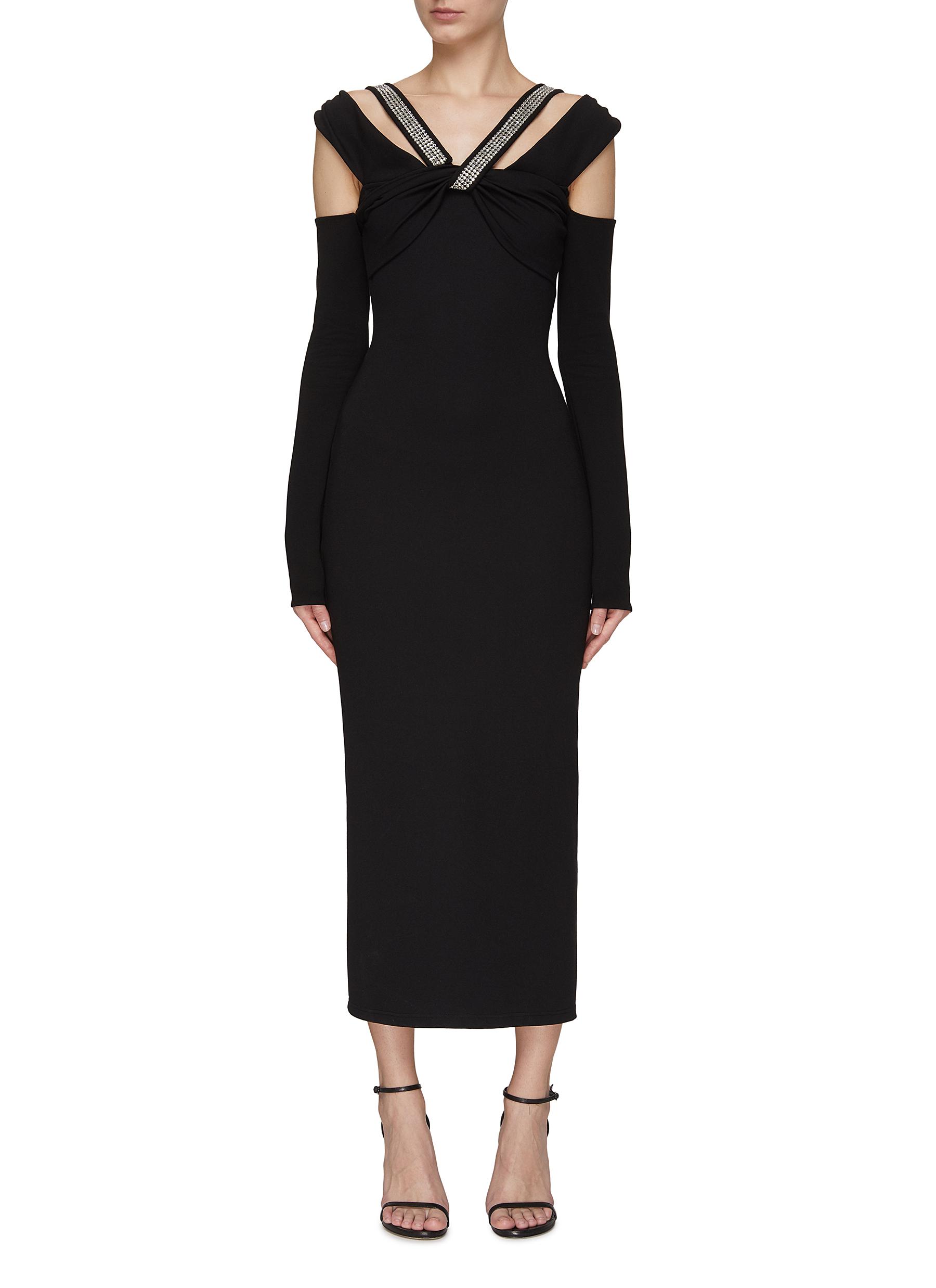 David Koma Crystal Embellished Neckline Midi Dress In Black Modesens