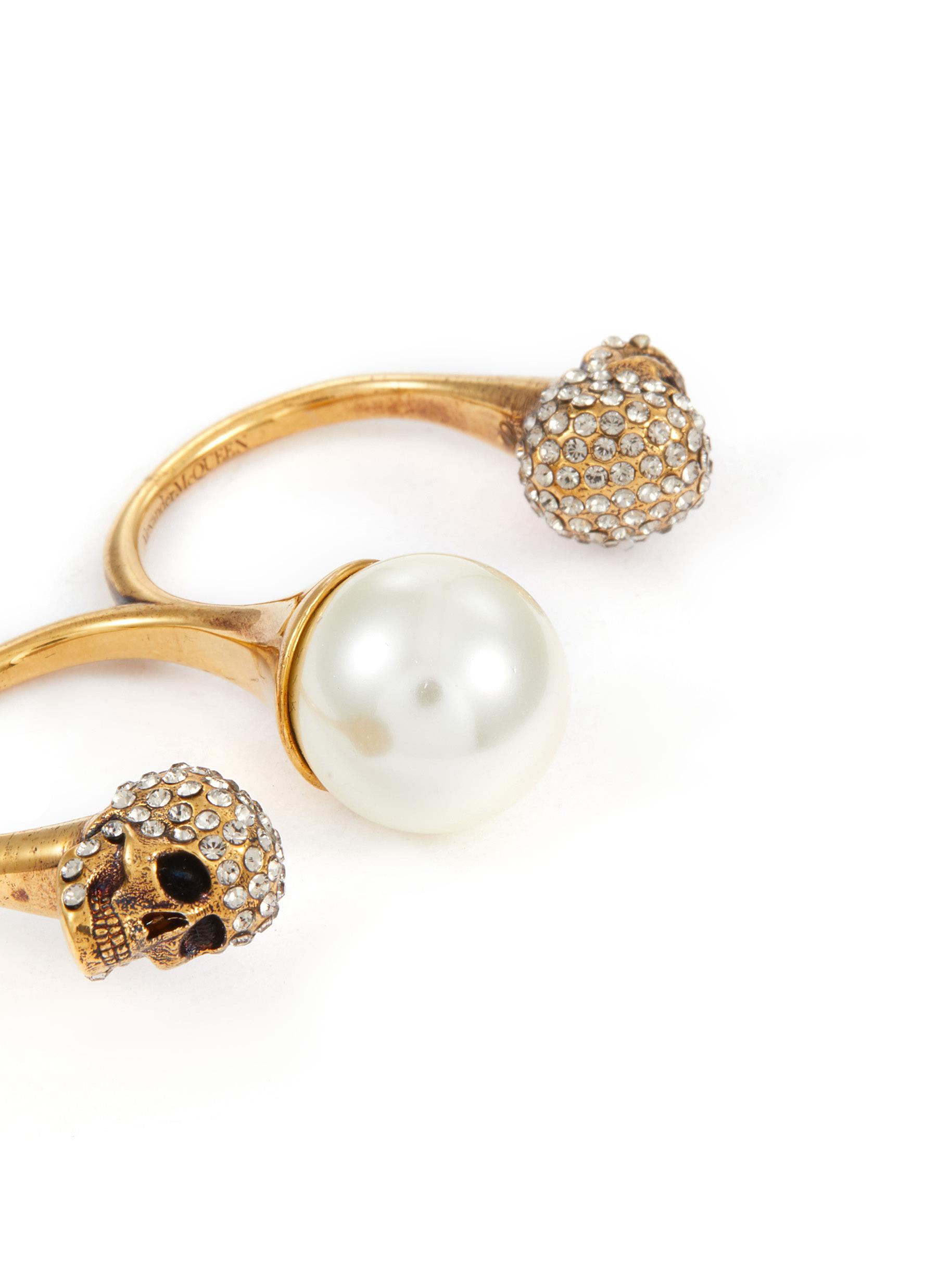 CRYSTAL EMBELLISHED SKULL FAUX PEARL RING