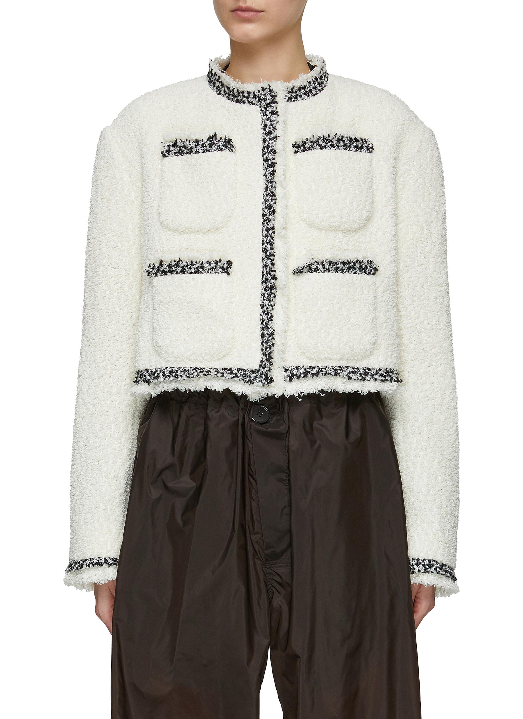 FRONT POCKET MOCK NECK CROPPED TWEED JACKET