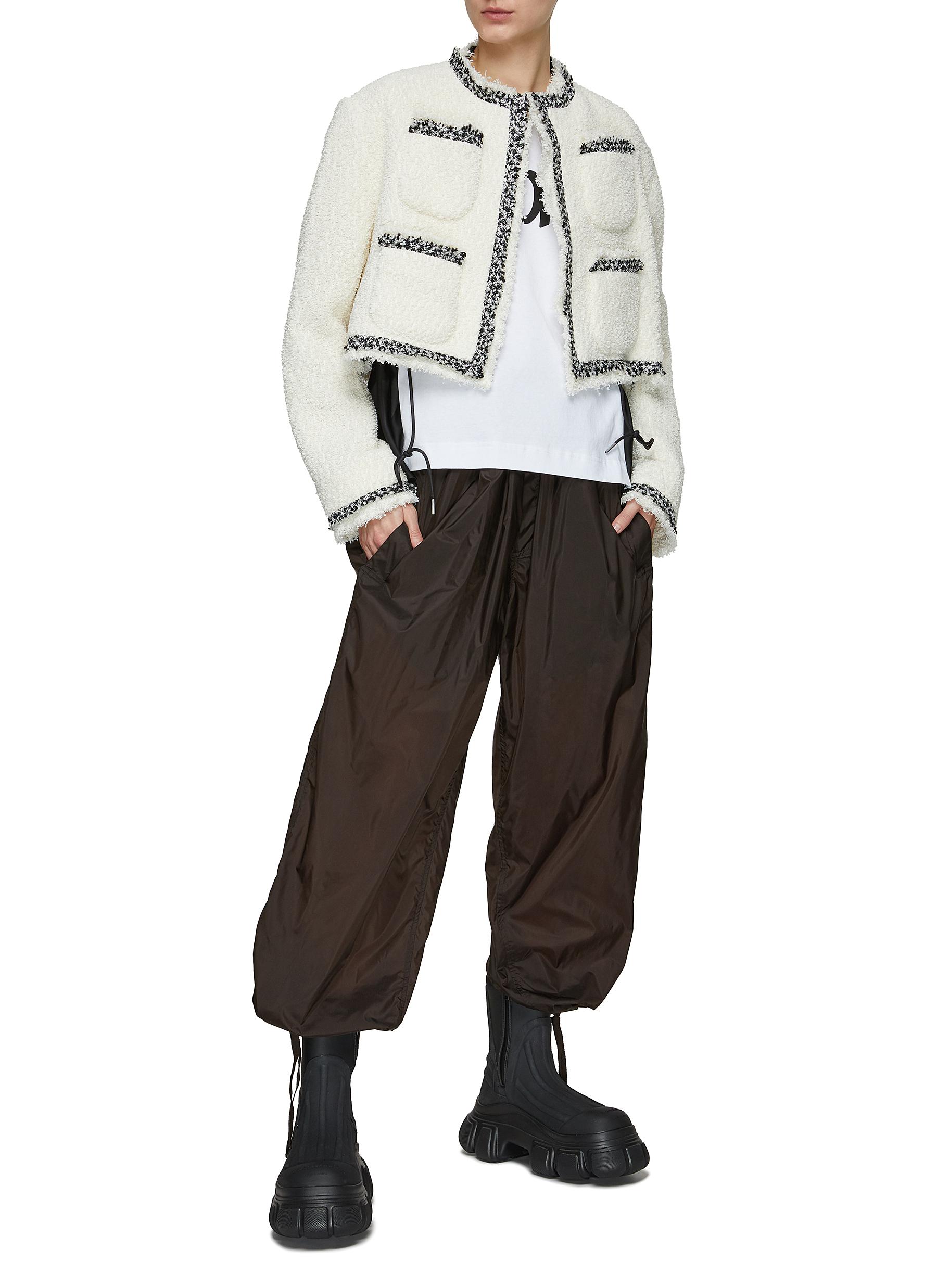 FRONT POCKET MOCK NECK CROPPED TWEED JACKET