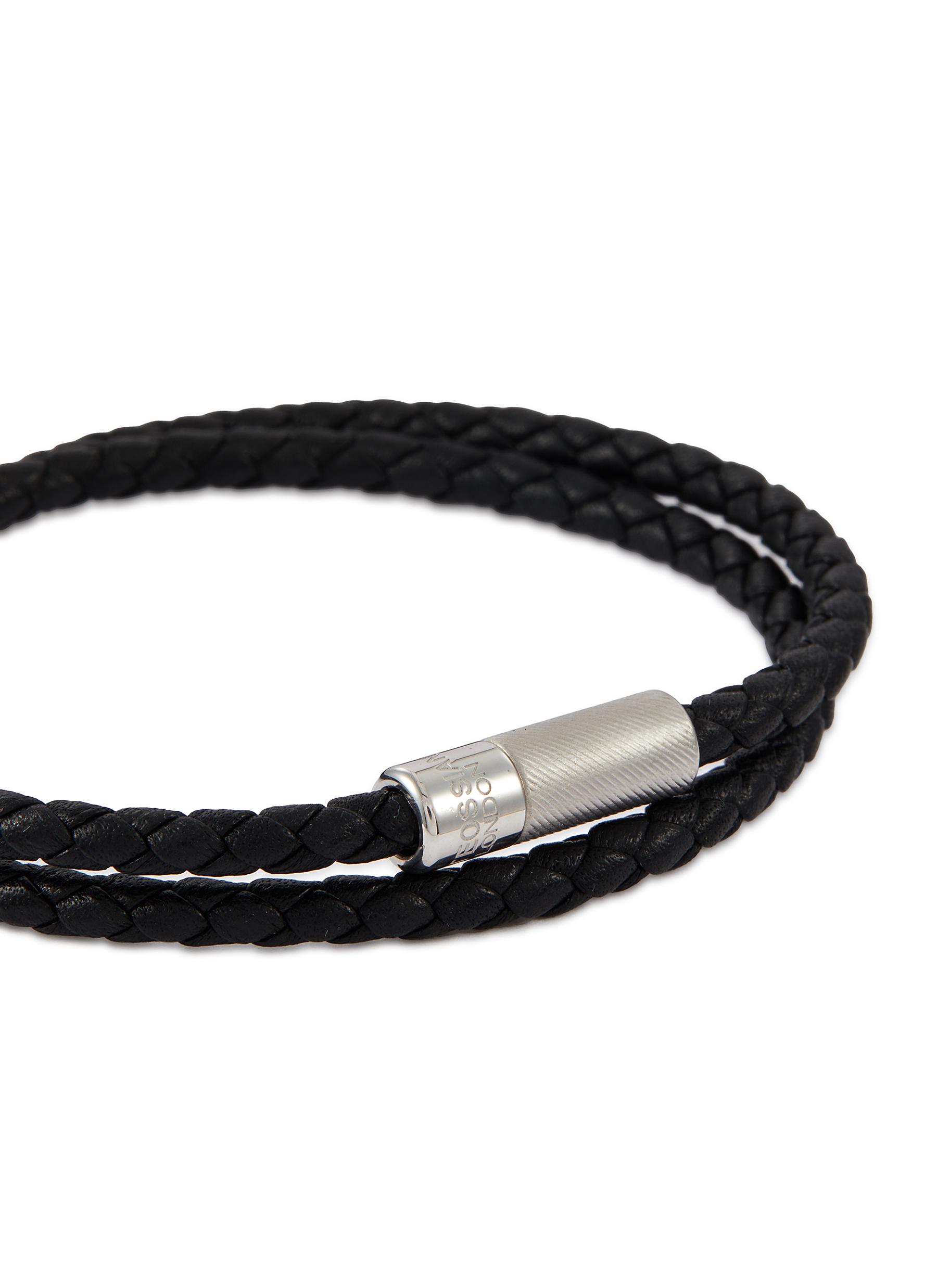 Men's Black Braided Leather Bracelet With Stainless Steel Cross Cuff - Biker Style Wristband