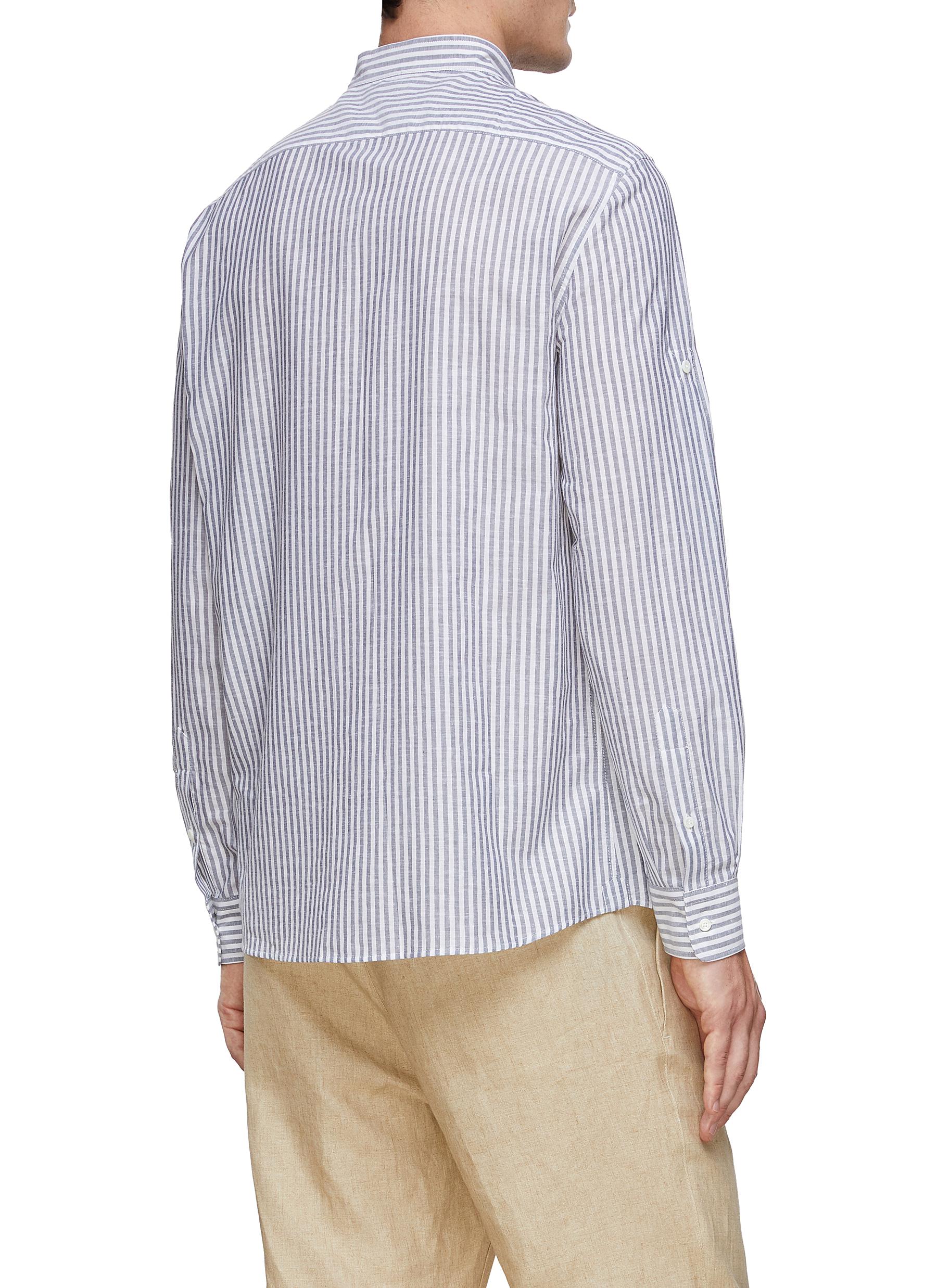 BAND COLLAR COTTON LINEN STRIPED SHIRT