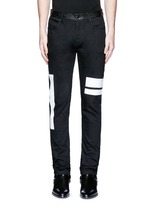 Detail View -Click To Enlarge Leather waist painted stripe print strummer jeans
