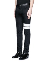 Front View -Click To Enlarge Leather waist painted stripe print strummer jeans