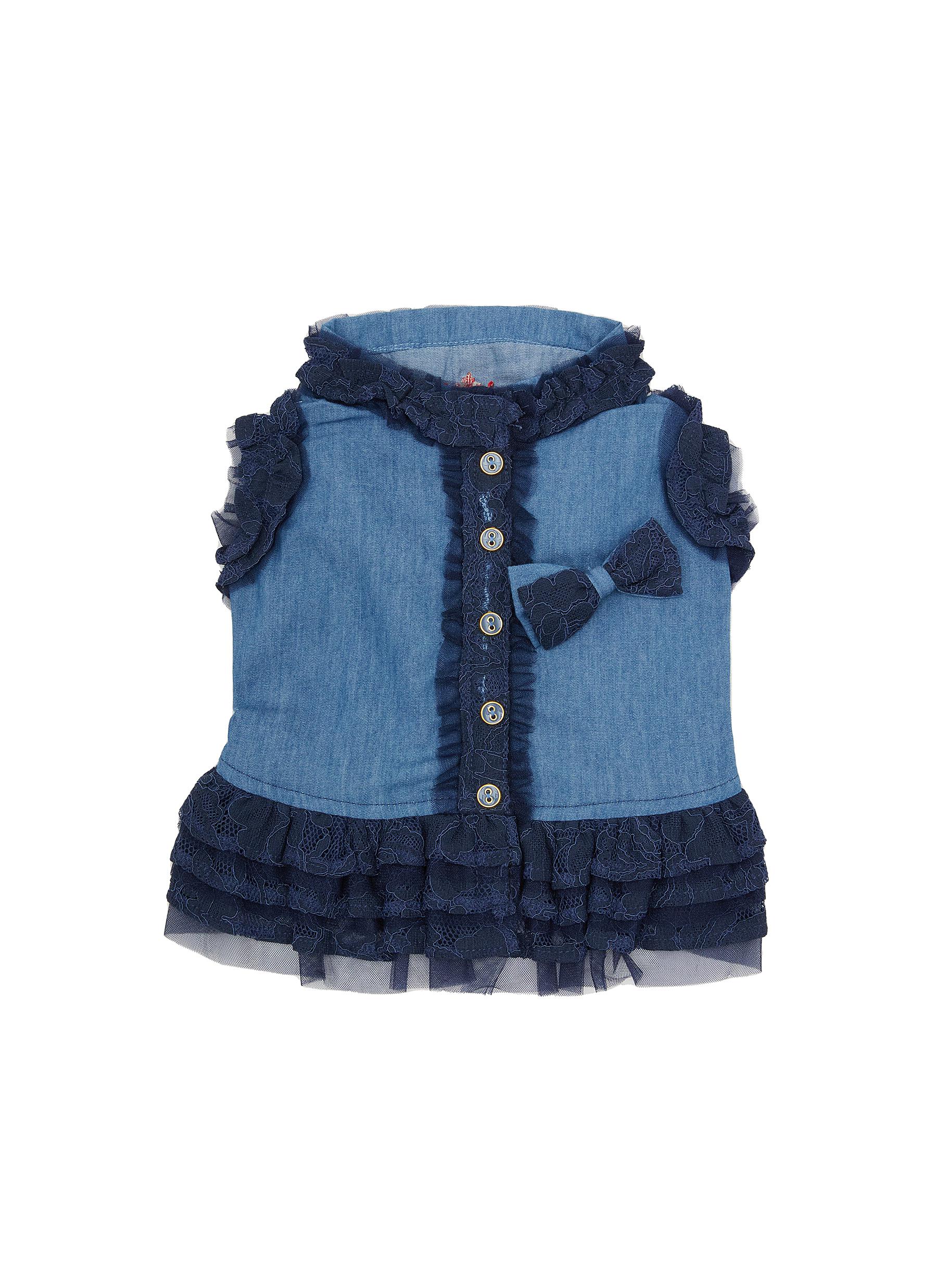 EXTRA SMALL LACE TRIM EMBROIDERED DENIM DOG DRESS — BLUE