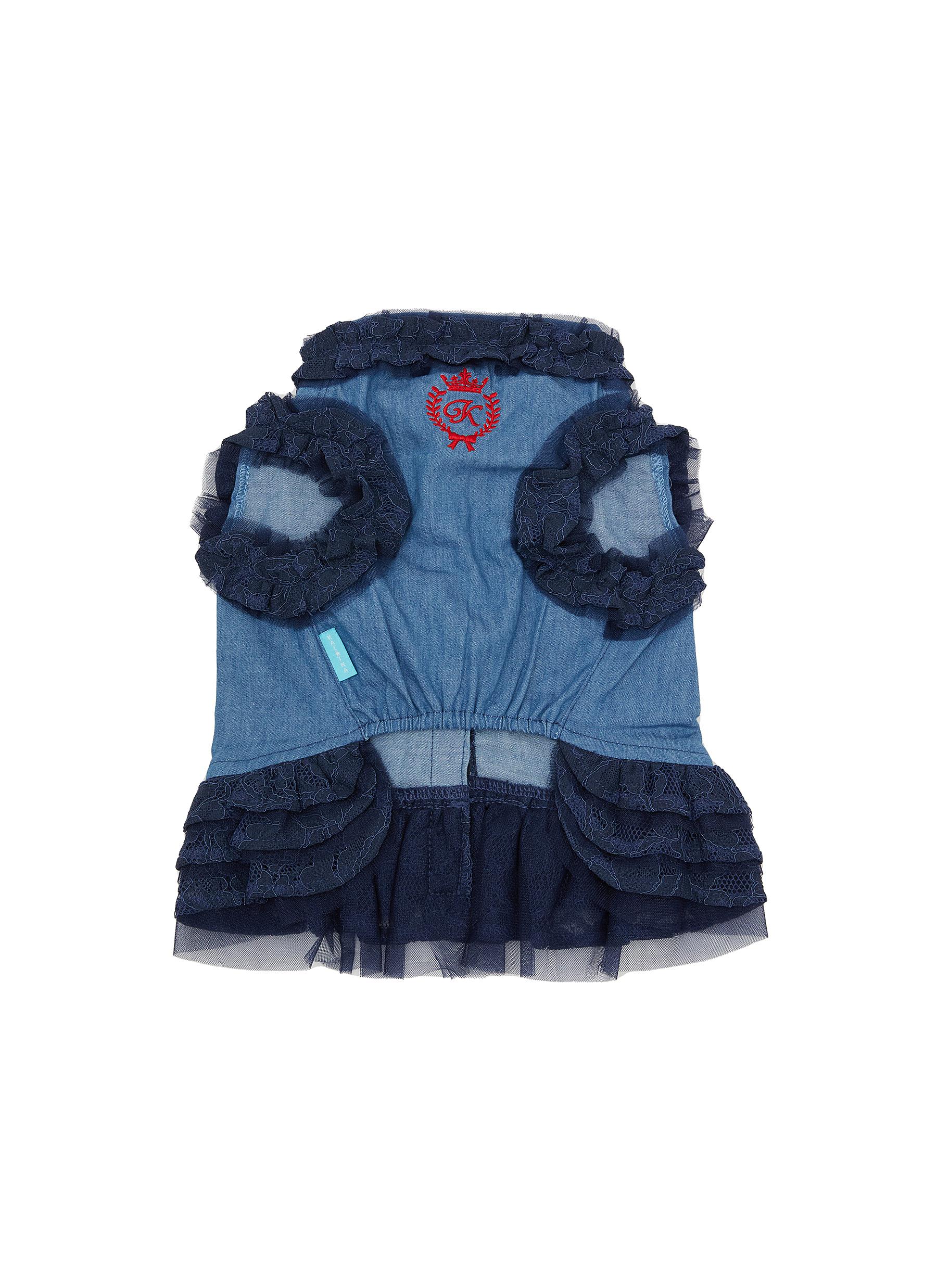 EXTRA SMALL LACE TRIM EMBROIDERED DENIM DOG DRESS — BLUE