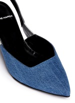Detail View -Click To Enlarge Denim vamp metallic leather slingback pumps