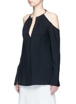 Front View -Click To Enlarge Torque neck cold shoulder crepe top