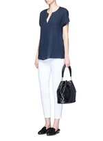 Figure View -Click To Enlarge Pintuck stitch silk split neck blouse