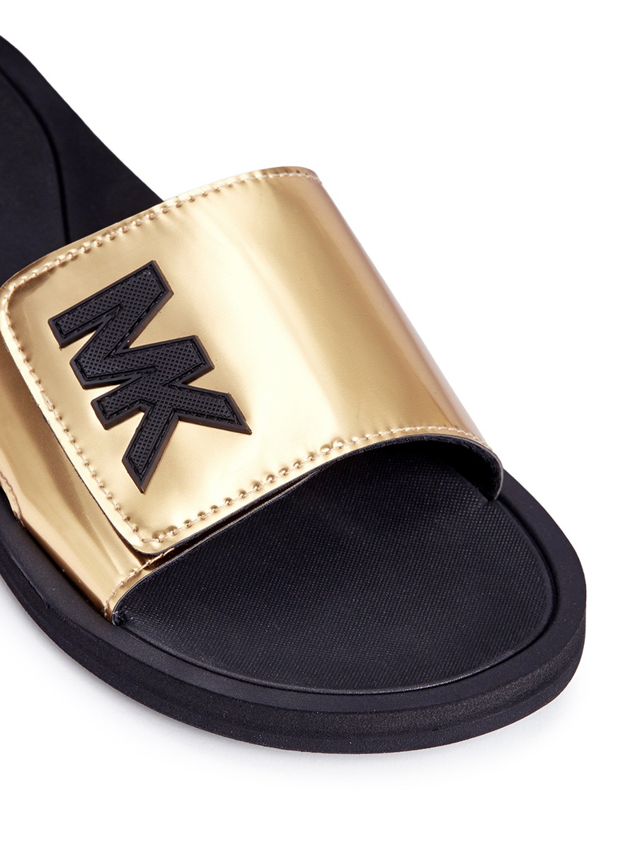 Michael Kors Mk Logo Metallic Strap Slide Sandals