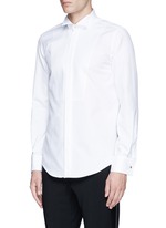 Front View -Click To Enlarge Slim fit wingtip collar cotton piqué tuxedo shirt