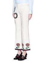 Front View -Click To Enlarge Crochet trim embroidered flared cady pants