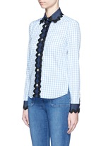 Front View -Click To Enlarge Wavy ribbon denim trim gingham check shirt