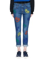 Detail View -Click To Enlarge Swirl heart embroidery dark wash boyfriend jeans
