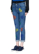 Front View -Click To Enlarge Swirl heart embroidery dark wash boyfriend jeans
