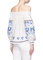 Back View -Click To Enlarge Floral embroidery smocked off-shoulder top