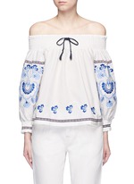 Main View -Click To Enlarge Floral embroidery smocked off-shoulder top