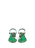 Front View -Click To Enlarge 'Keira' banana leaf print jewelled patent leather sandals