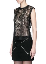 Front View -Click To Enlarge Leather trim sleeveless mesh lace top