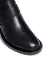 Detail View -Click To Enlarge Faux pearl heel thigh high leather boots