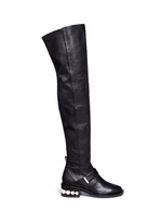 Main View -Click To Enlarge Faux pearl heel thigh high leather boots
