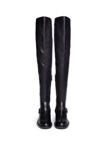 Figure View -Click To Enlarge Faux pearl heel thigh high leather boots