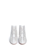 Front View -Click To Enlarge Geometric lasercut perforated suede ankle boots