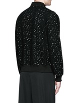 Back View -Click To Enlarge Distressed open knit bomber jacket