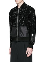 Front View -Click To Enlarge Distressed open knit bomber jacket