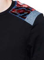 Detail View -Click To Enlarge Velvet and denim patchwork T-shirt