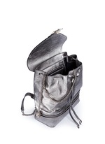 Detail View -Click To Enlarge Small charm chain metallic pebbled leather backpack