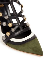 Detail View -Click To Enlarge Metal stud appliqué leather trim suede pumps
