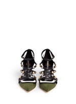 Front View -Click To Enlarge Metal stud appliqué leather trim suede pumps