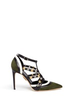 Main View -Click To Enlarge Metal stud appliqué leather trim suede pumps