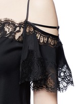 Detail View -Click To Enlarge Floral lace trim silk cold shoulder top