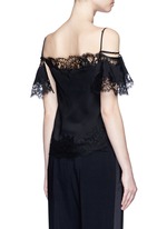 Back View -Click To Enlarge Floral lace trim silk cold shoulder top