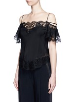 Front View -Click To Enlarge Floral lace trim silk cold shoulder top