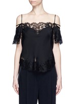 Main View -Click To Enlarge Floral lace trim silk cold shoulder top