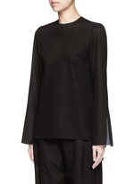 Front View -Click To Enlarge Tie side sheer wool blend twill top