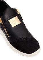 Detail View -Click To Enlarge Suede trim logo leather sneakers